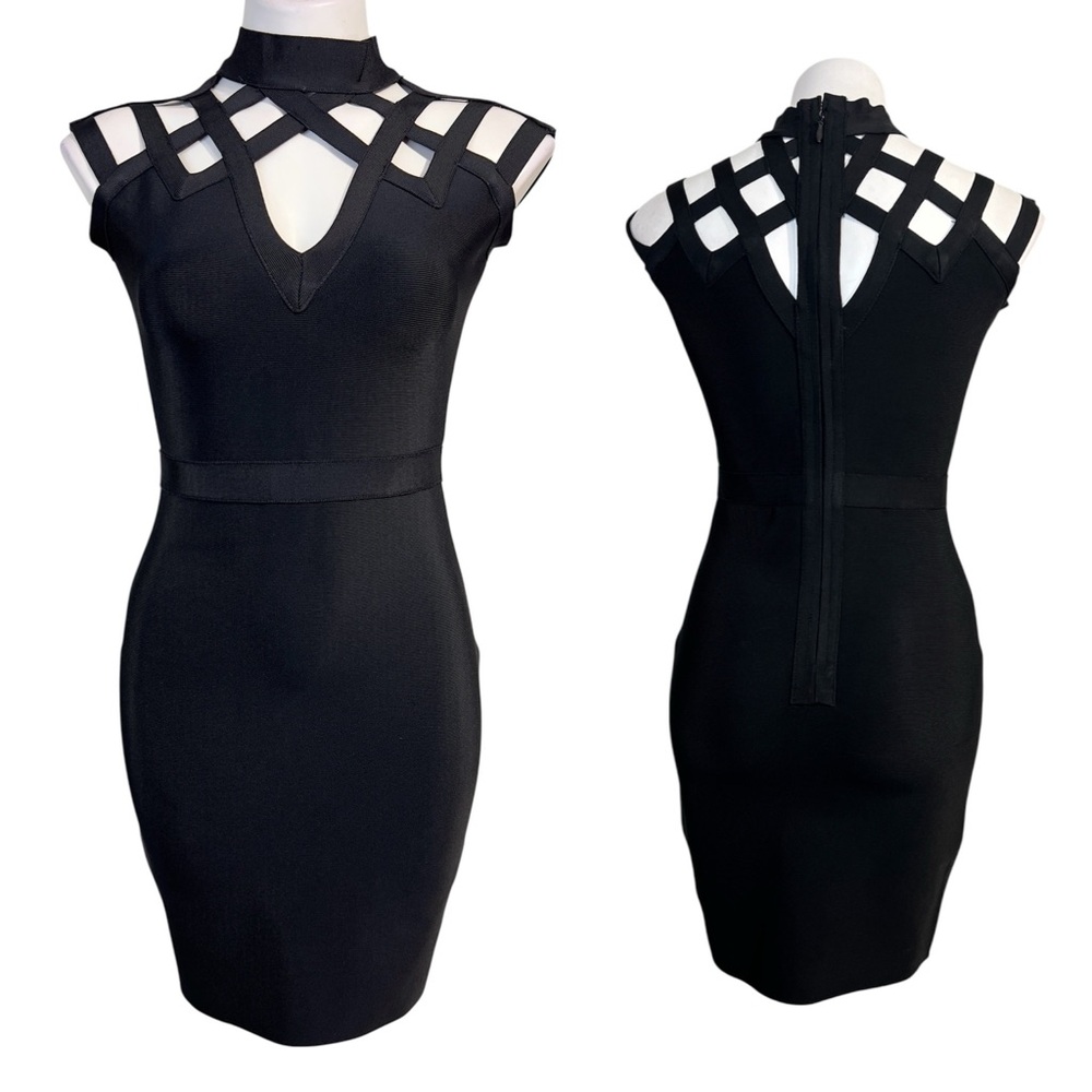 Bandage Dress Sz L Black Bodycon stretch Full Zip Stretch‎ Club party cocktail